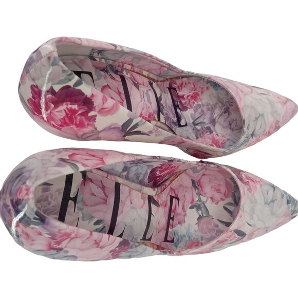 Elle Jonie Patent Floral Print Stiletto Heels 9 Pumps Asymmetrical Vamp Pink - Picture 10 of 10